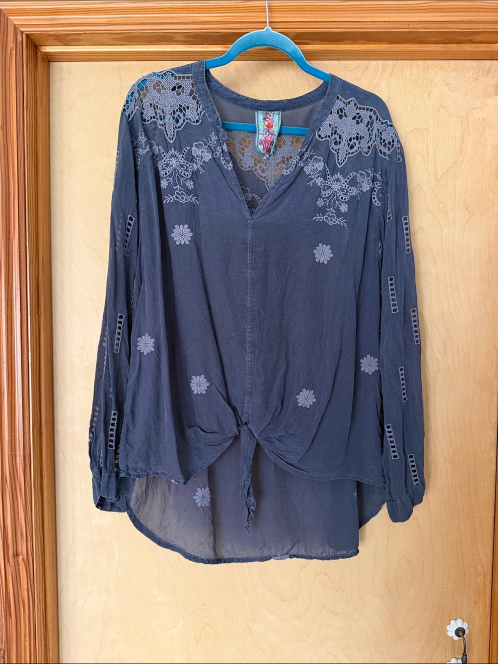 Johnny Was Slate Blue Embroidered Lace Yoke Tie-Front Tunic Top